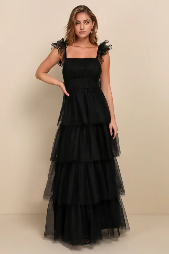 Black Mesh Tulle Tiered Ruffled Evening Dresses