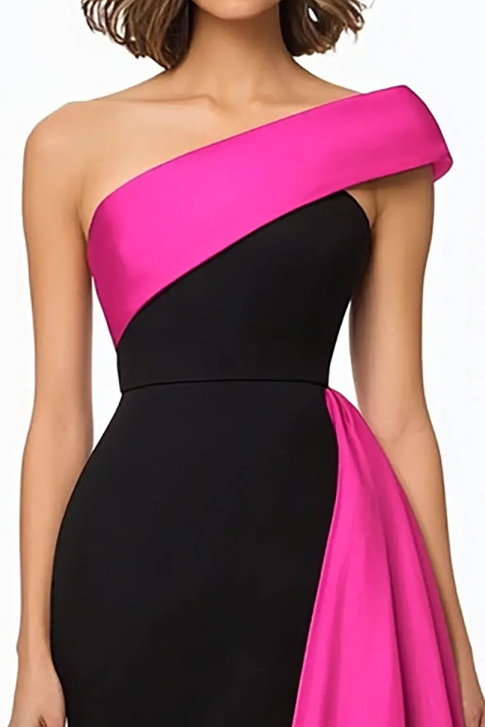 Black and Fuchsia One Shoulder Ruffled Evening Dress