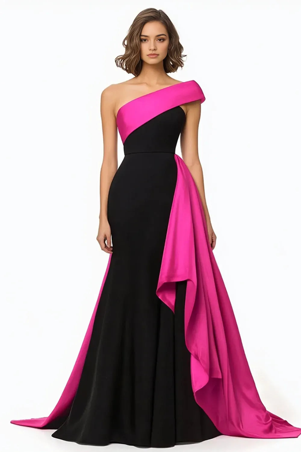 Black and Fuchsia One Shoulder Ruffled Evening Dress