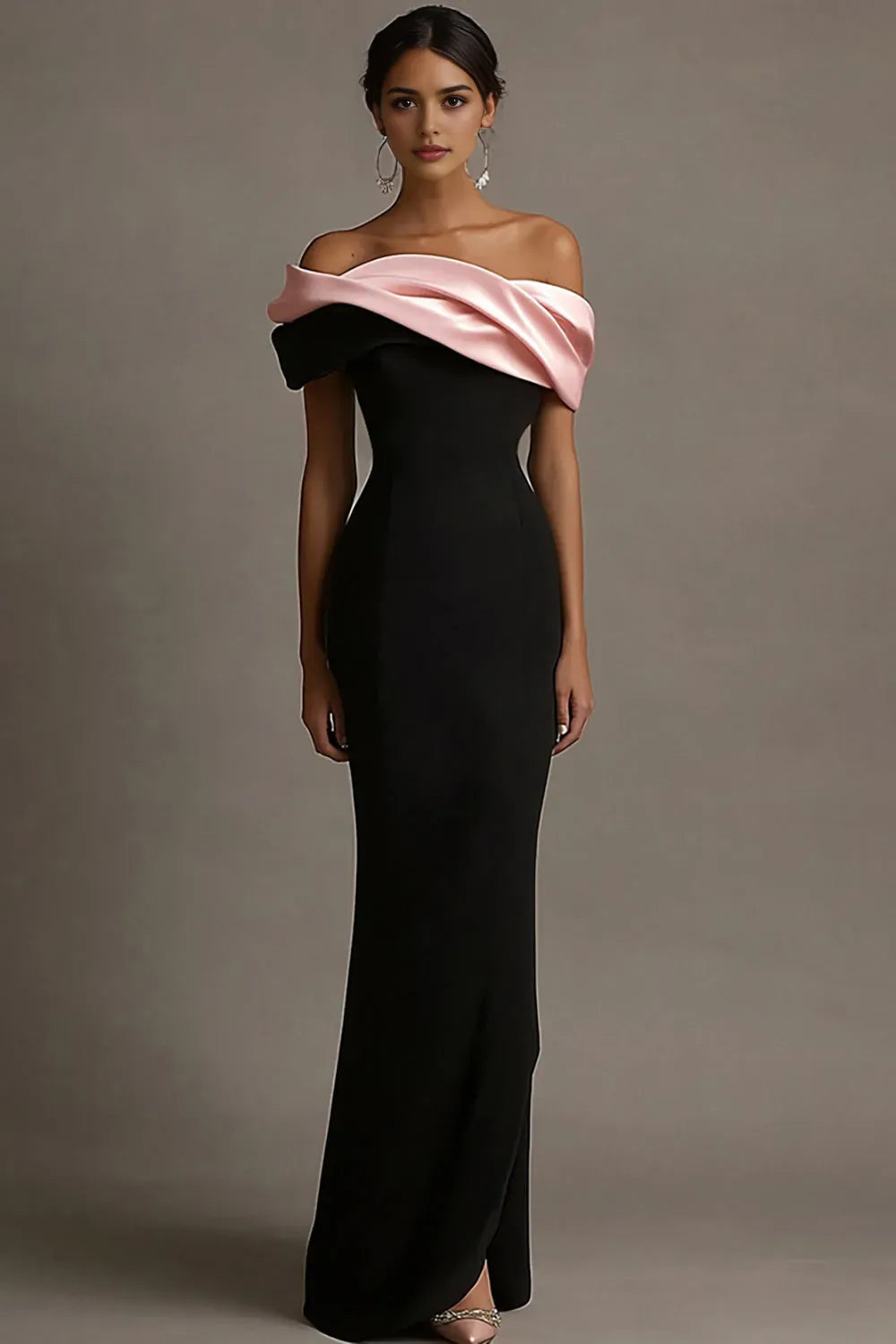 Black and Pink Satin Off the Shoulder Sheath Long Evening Dress ?