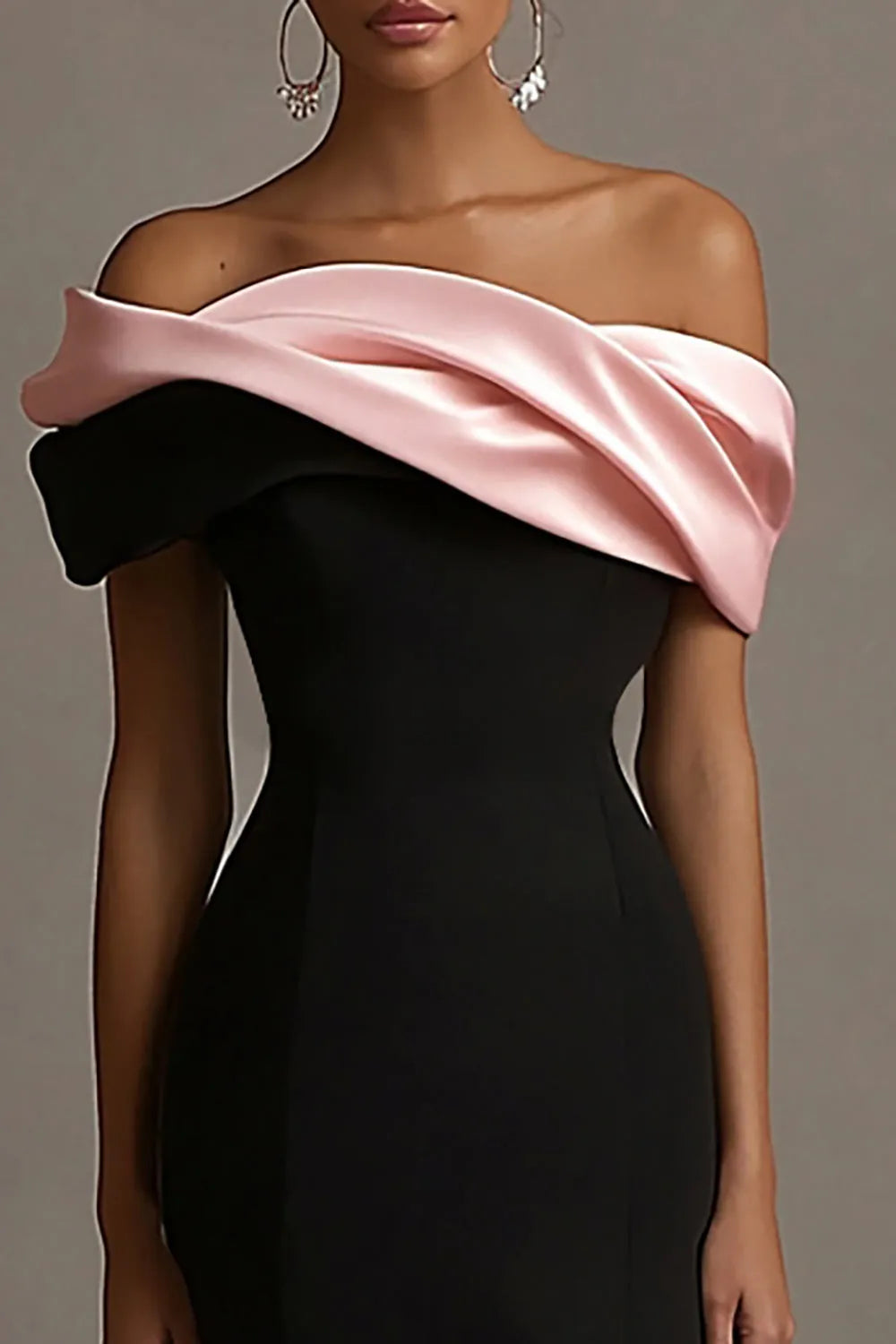 Black and Pink Satin Off the Shoulder Sheath Long Evening Dress ?