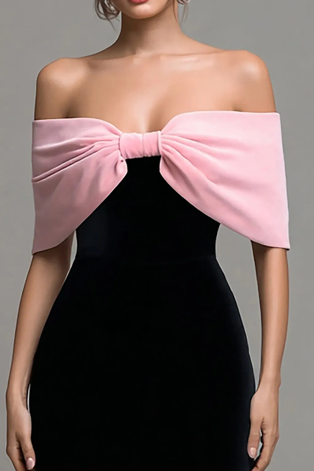 Black and Pink Velvet Off the Shoulder Maxi Holiday Party Dress with Bow