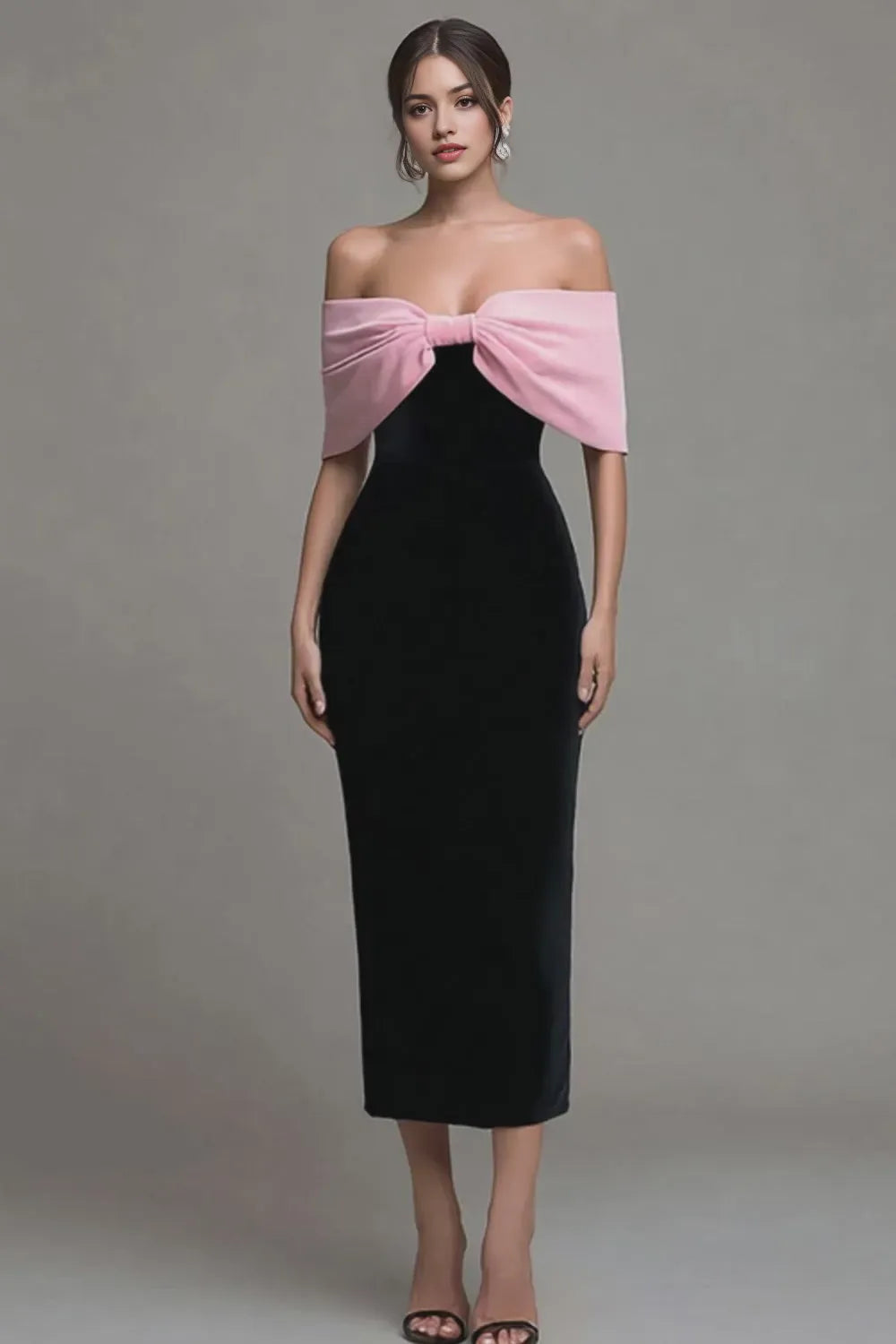 Black and Pink Velvet Off the Shoulder Maxi Holiday Party Dress with Bow