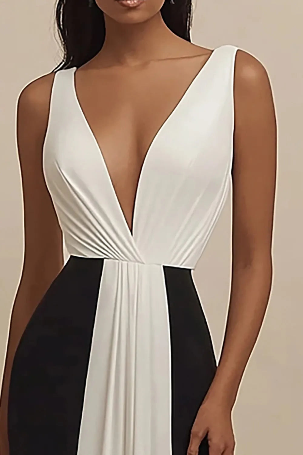 Black and White Deep V-Neck Sheath Long Party Dress