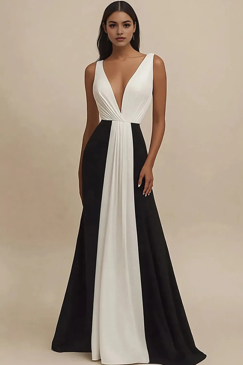 Black and White Deep V-Neck Sheath Long Party Dress