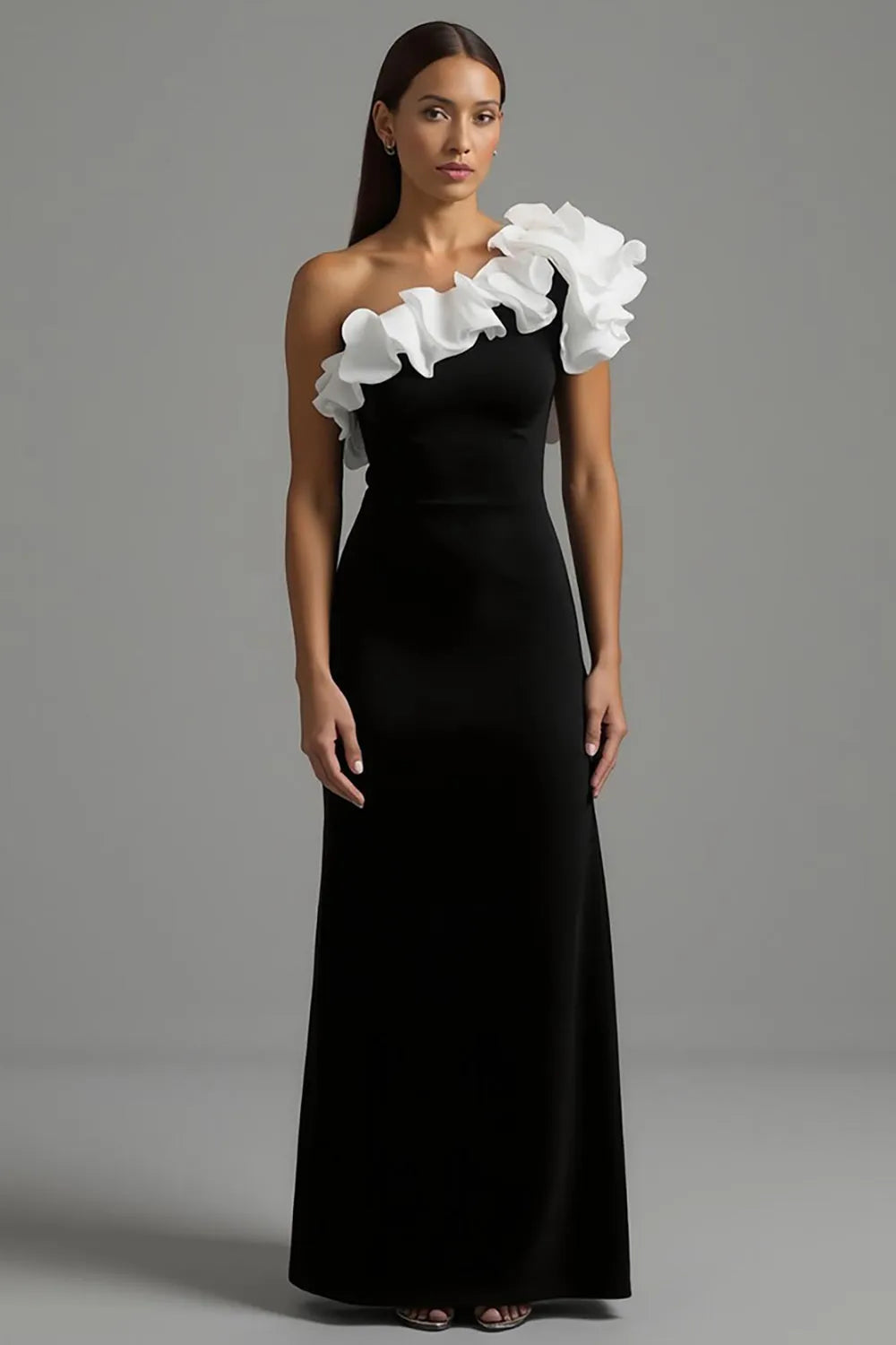 Black and White Sheath One Shoulder Long Formal Dress with Ruffles