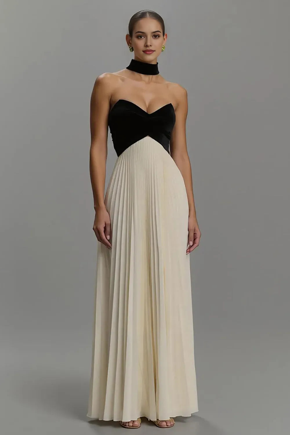 Black and White Strapless Neck Scarf Long Formal Dress with Pleats