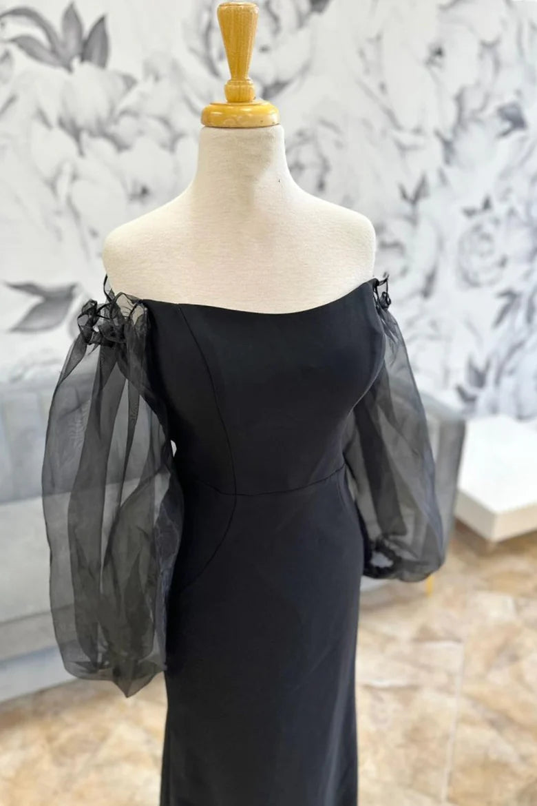 Black off shoulder mermaid bride mother dress with balloon sleeves