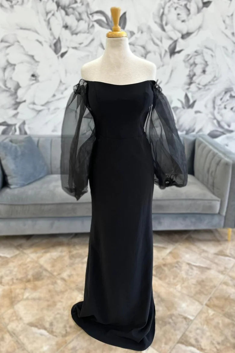 Black off shoulder mermaid bride mother dress with balloon sleeves