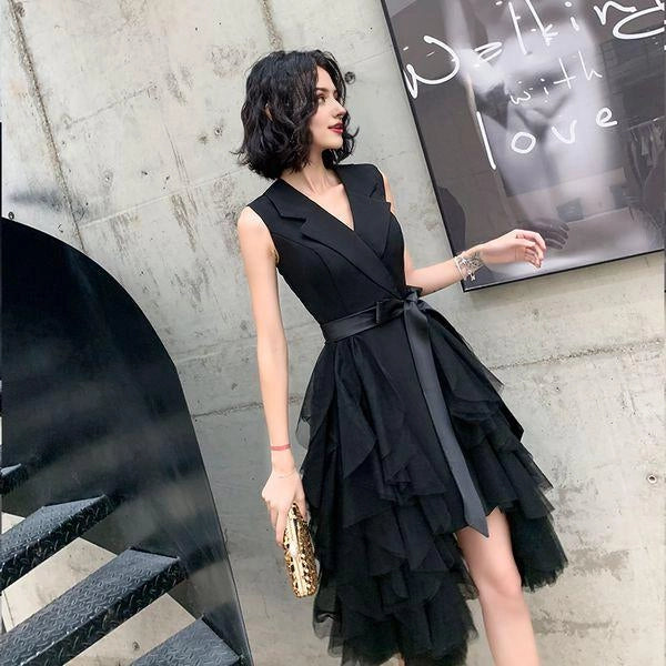 Black v neck short prom dress evening dress