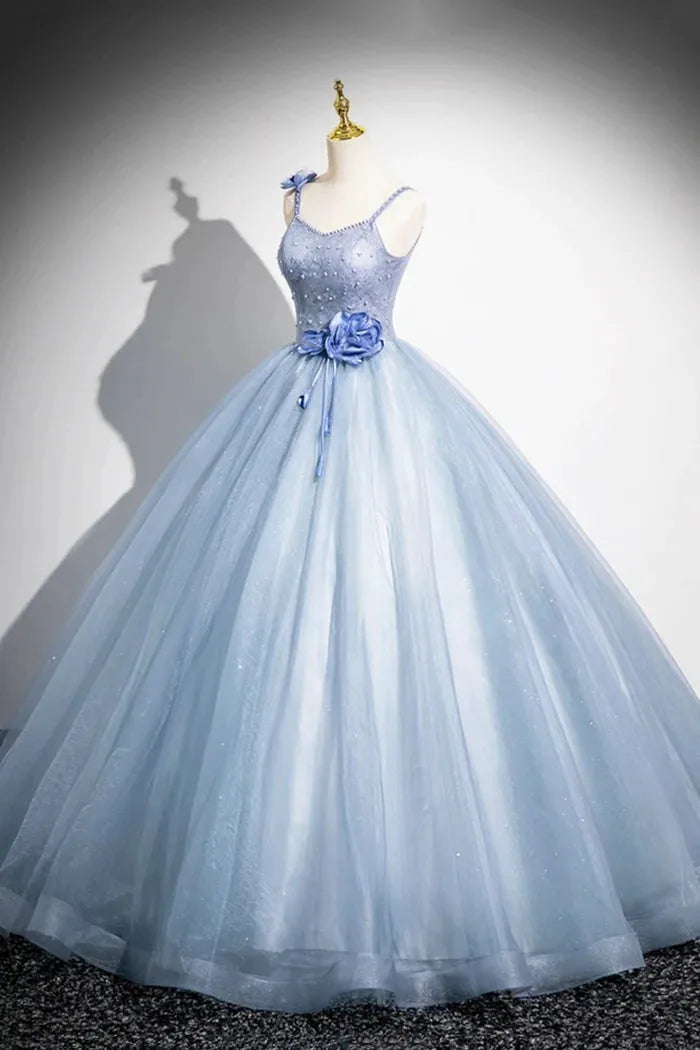 Blue A-Line Spaghetti Strap Tulle Floor Length Prom Dress Pretty Evening Party Dress