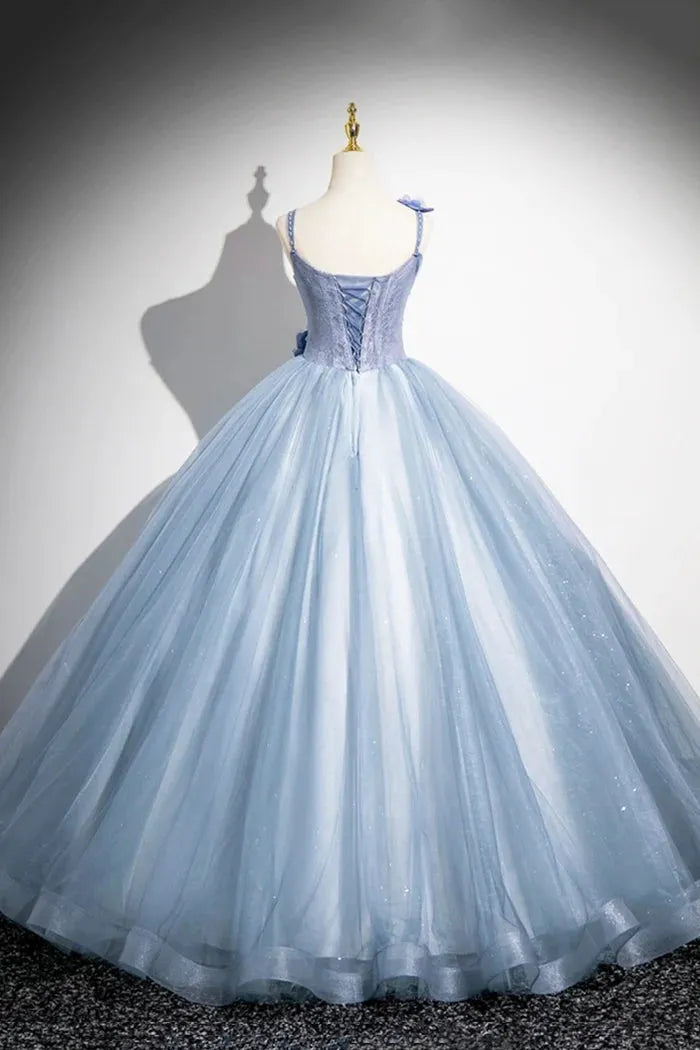 Blue A-Line Spaghetti Strap Tulle Floor Length Prom Dress Pretty Evening Party Dress