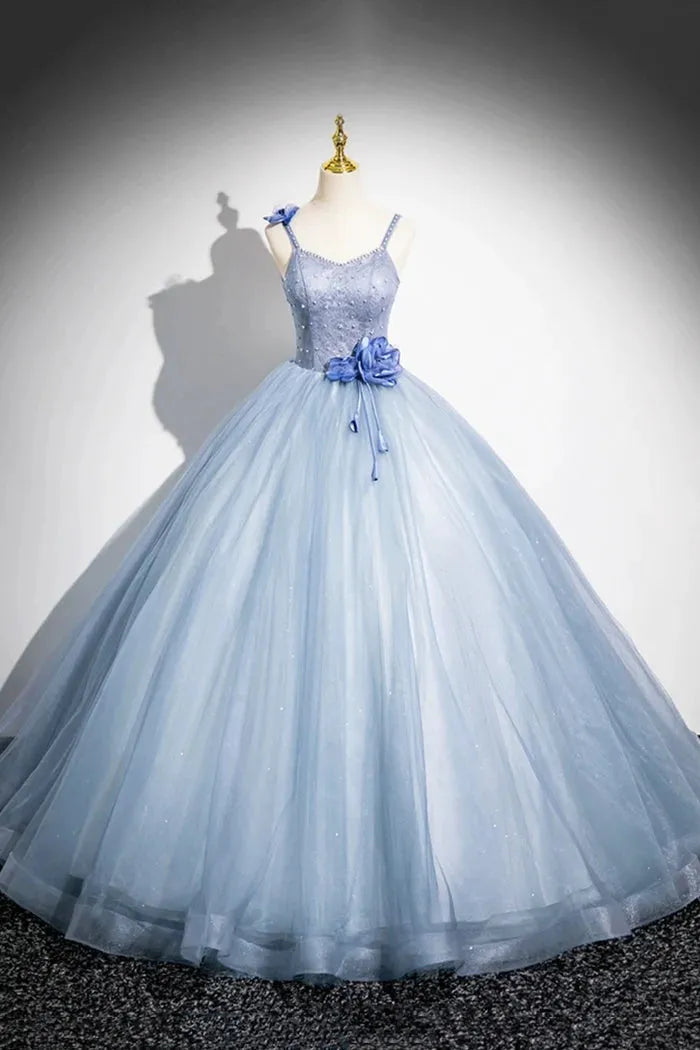 Blue A-Line Spaghetti Strap Tulle Floor Length Prom Dress Pretty Evening Party Dress