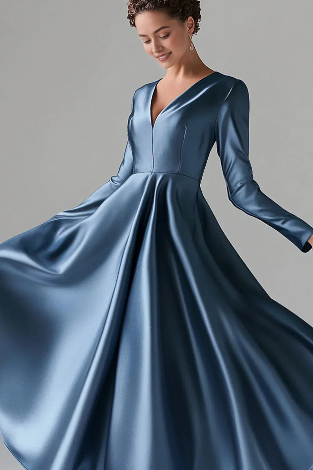 Blue A-Line V Neck Long Sleeves Satin Long Mother Of The Bride Dress ﻿