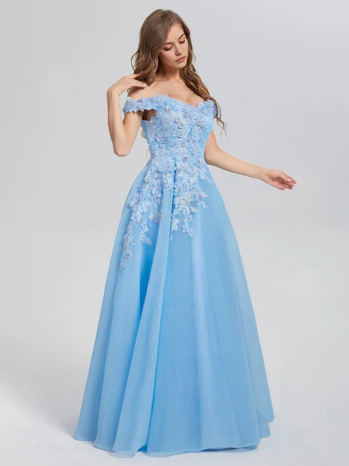 Blue A-line Off the Shoulder Appliques Prom Dresses