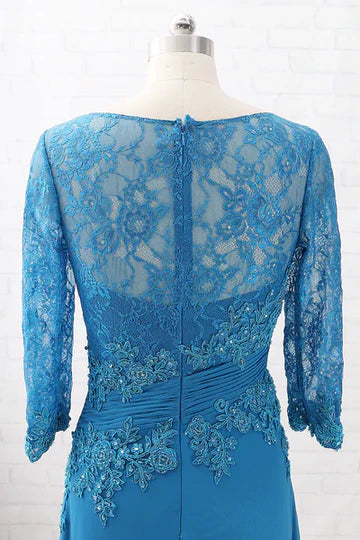 Blue Chiffon Lace Appliques Long Mother of the Bride Dress
