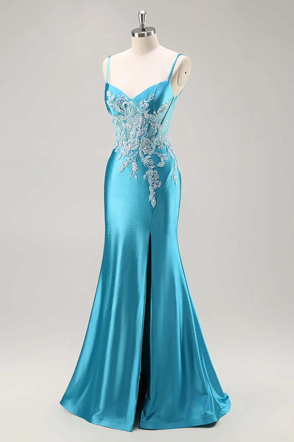 Blue Corset Appliqued Satin Mermaid Long Prom Dress with Slit