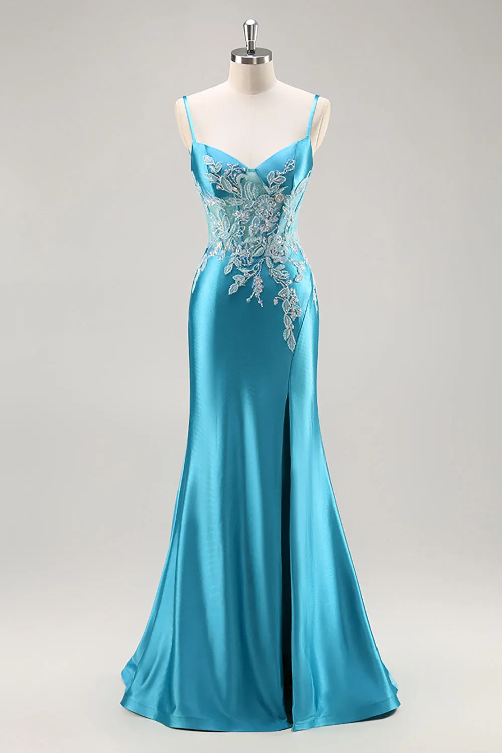 Blue Corset Appliqued Satin Mermaid Long Prom Dress with Slit