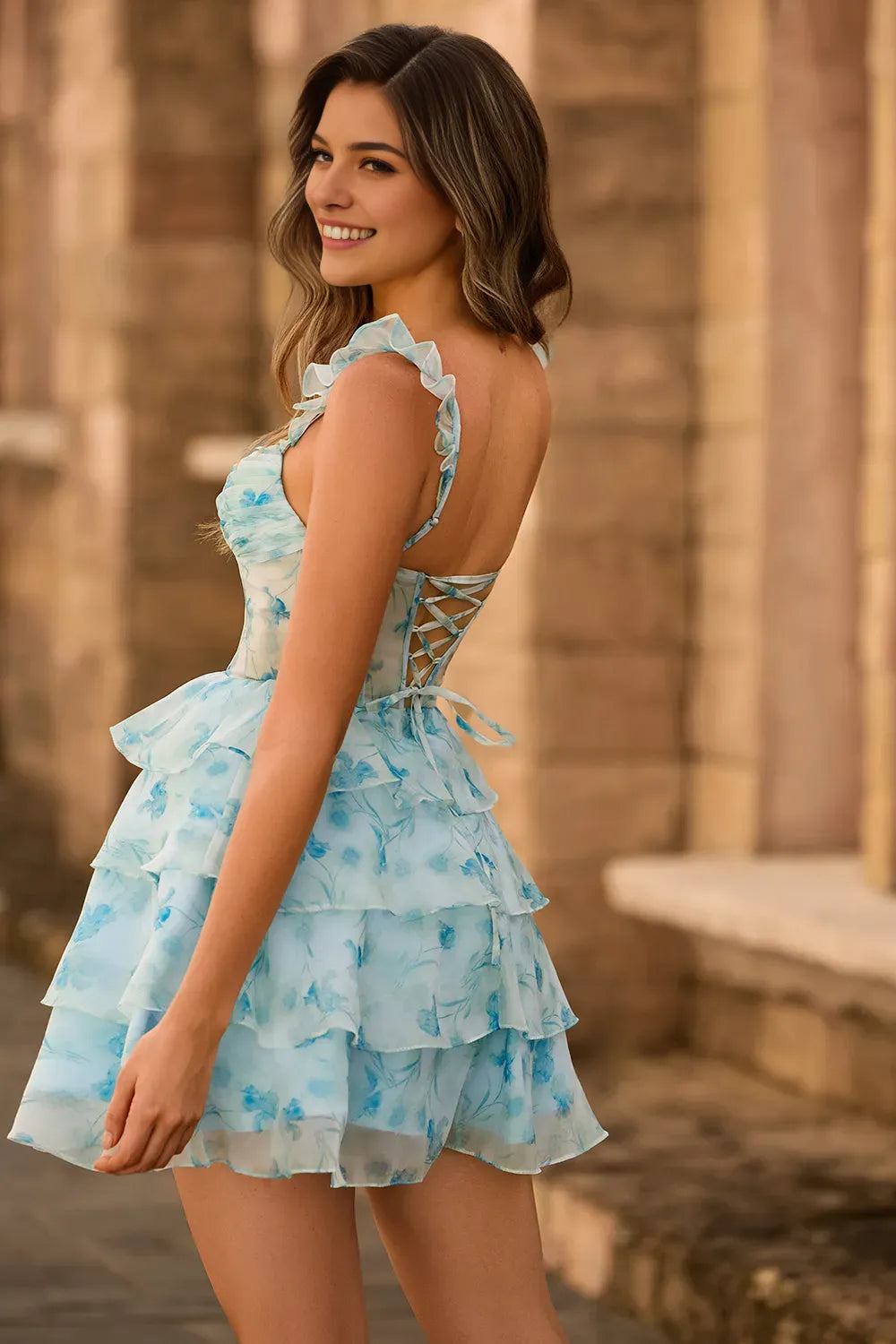 Blue Floral Corset A Line Tiered Short Homecoming Dress with Ruffles