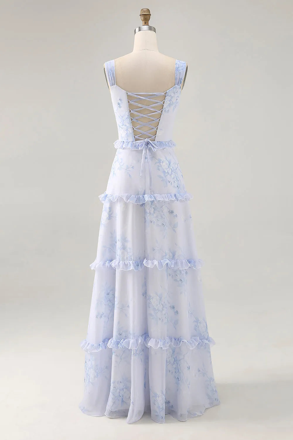 Blue Flower Ruffled Printed A Line Long Wedding Party Dress