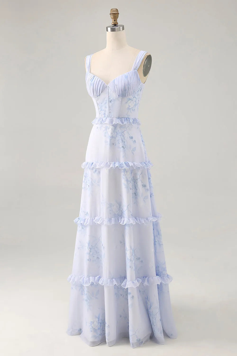 Blue Flower Ruffled Printed A Line Long Wedding Party Dress