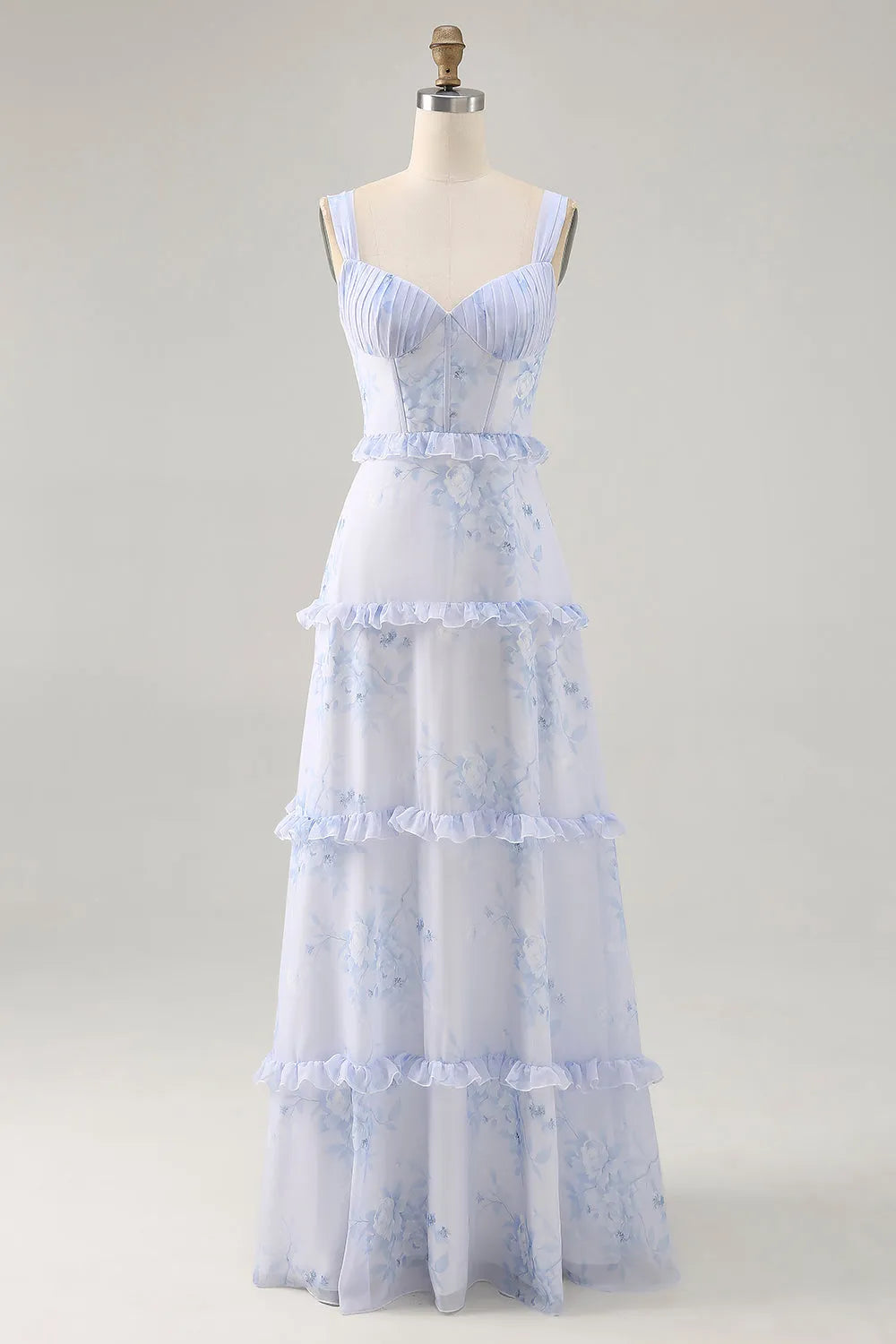 Blue Flower Ruffled Printed A Line Long Wedding Party Dress