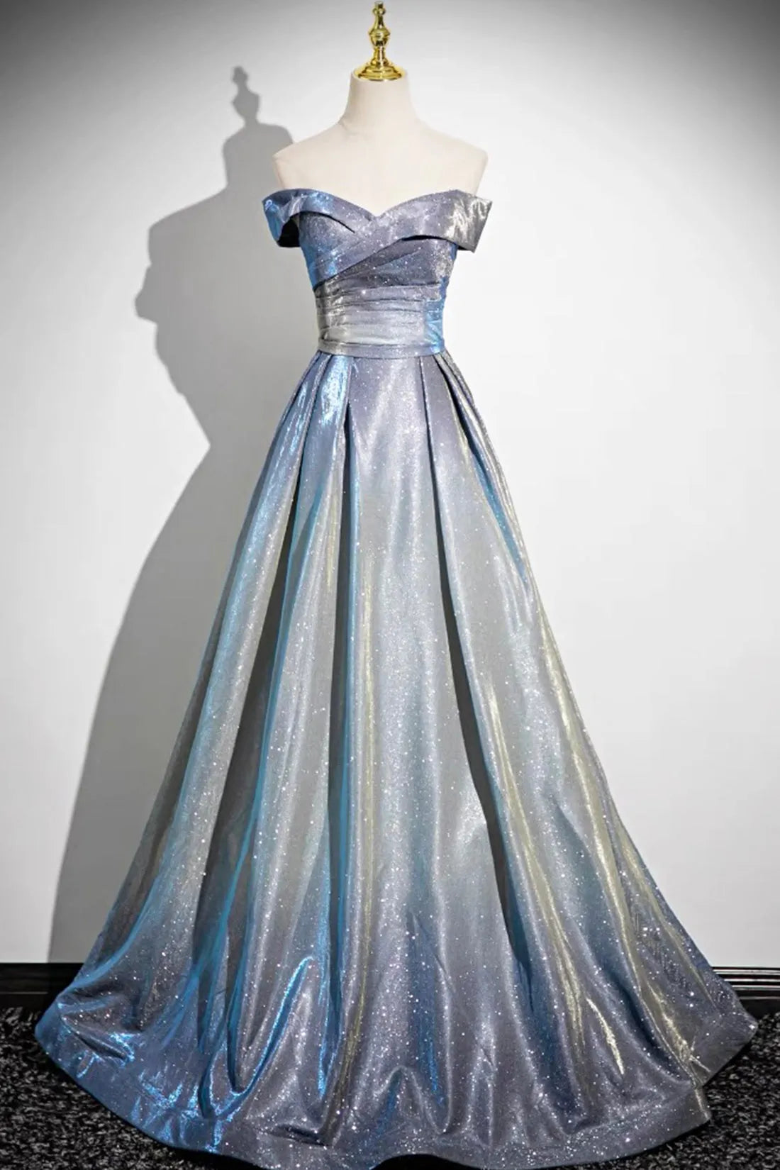 Blue Gradient A-Line Floor Length Prom Dress Blue Off the Shoulder Evening Party Dress