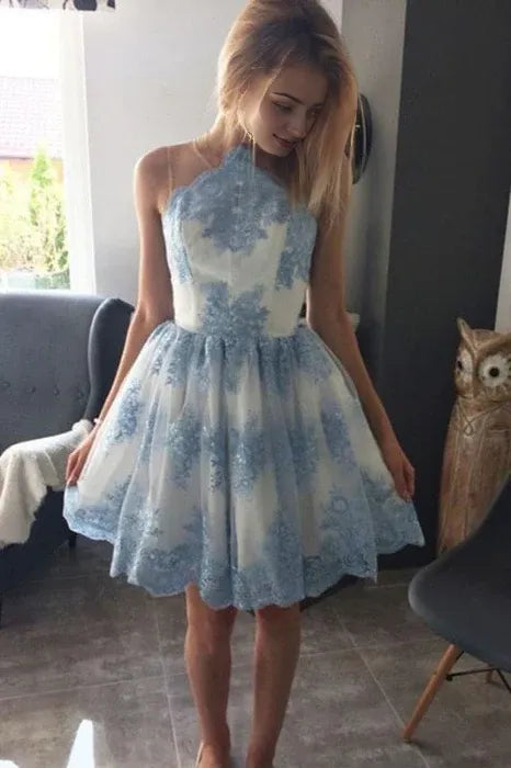 Blue Lace Appliqued Mini Homecoming A Line Sleeveless Tulle Short Prom Dress