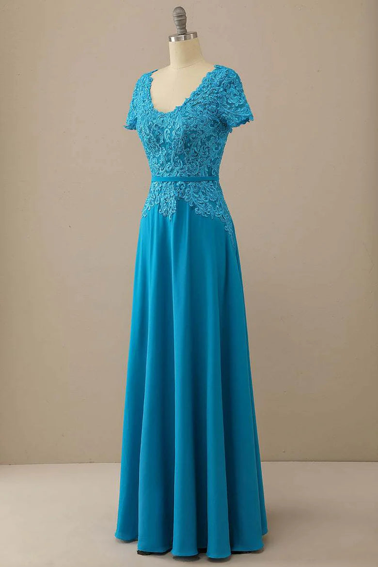 Blue Lace Short Sleeve Long Mother of the Bride Dress