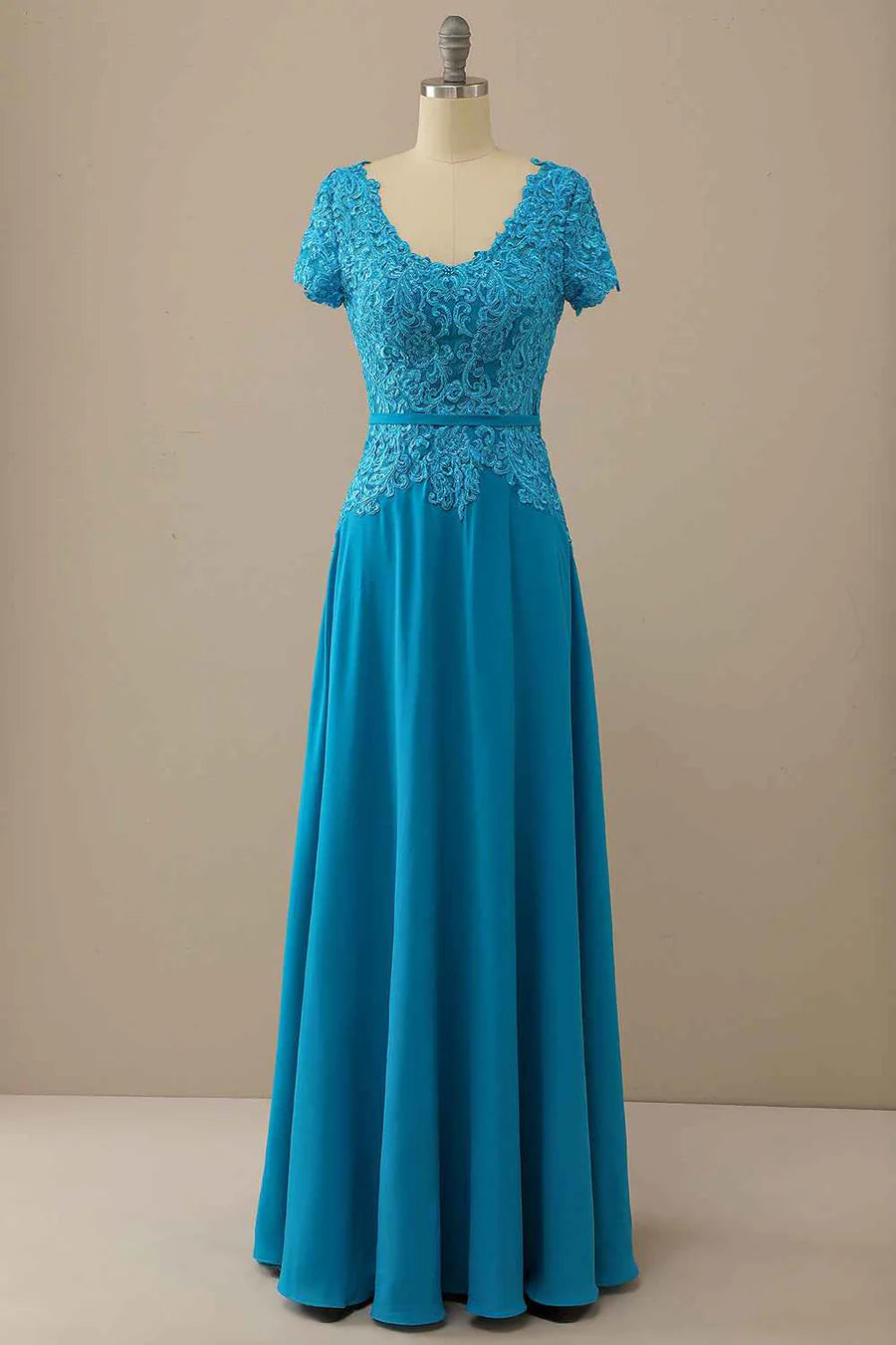 Blue Lace Short Sleeve Long Mother of the Bride Dress