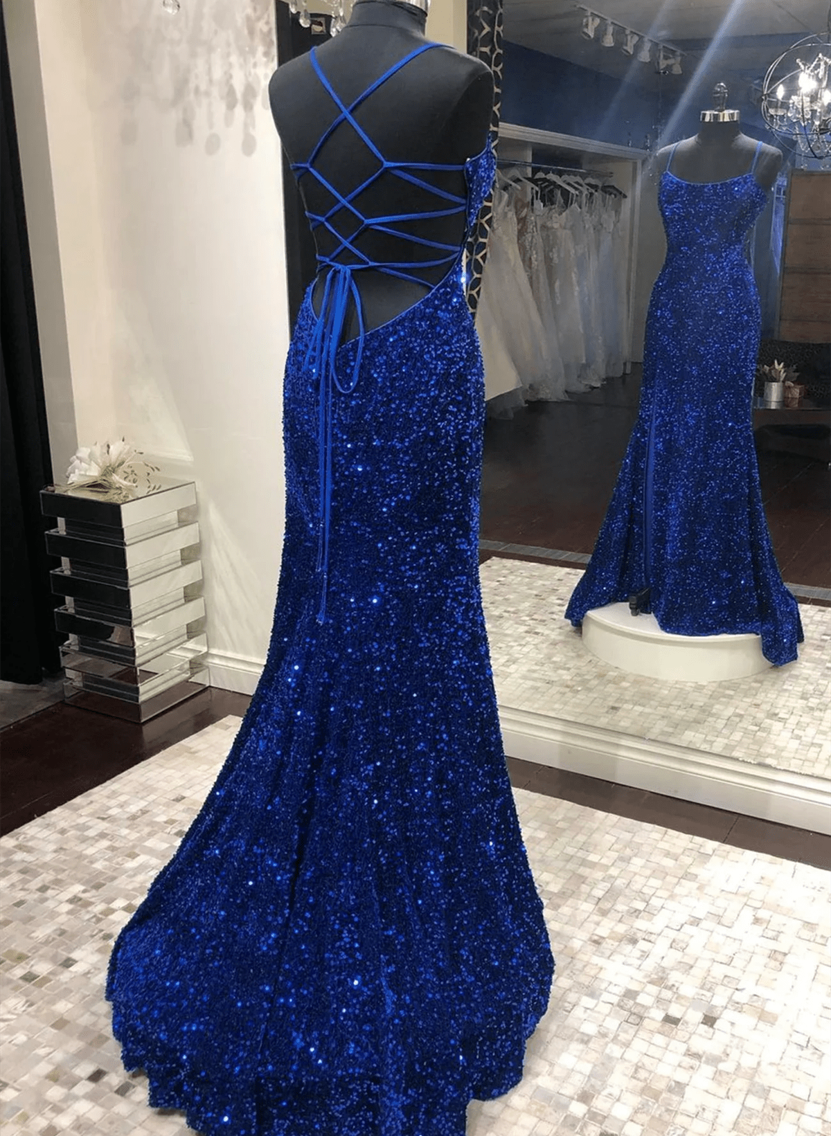 Blue Mermaid Sequins Long Prom Dress Blue Backless Evening Dress Party Dress