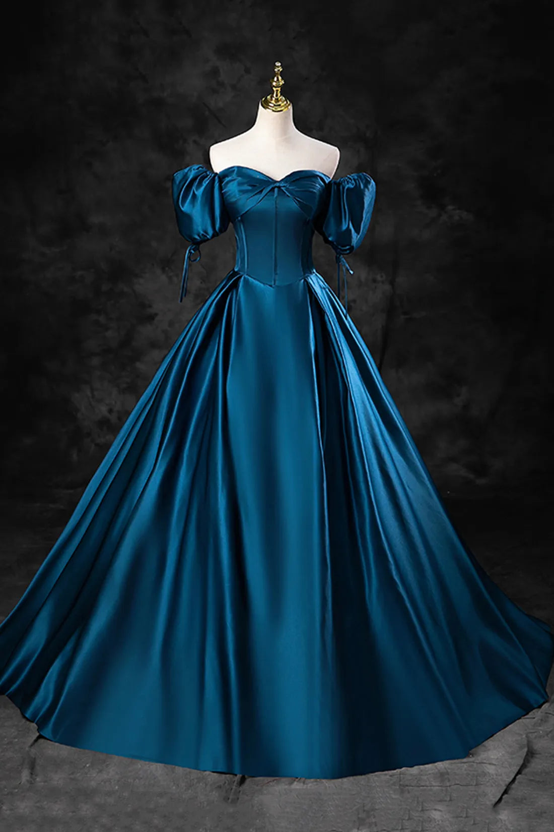 Blue Off the Shoulder Satin Floor Length Prom Dress with Corset Blue Evening Party Dress