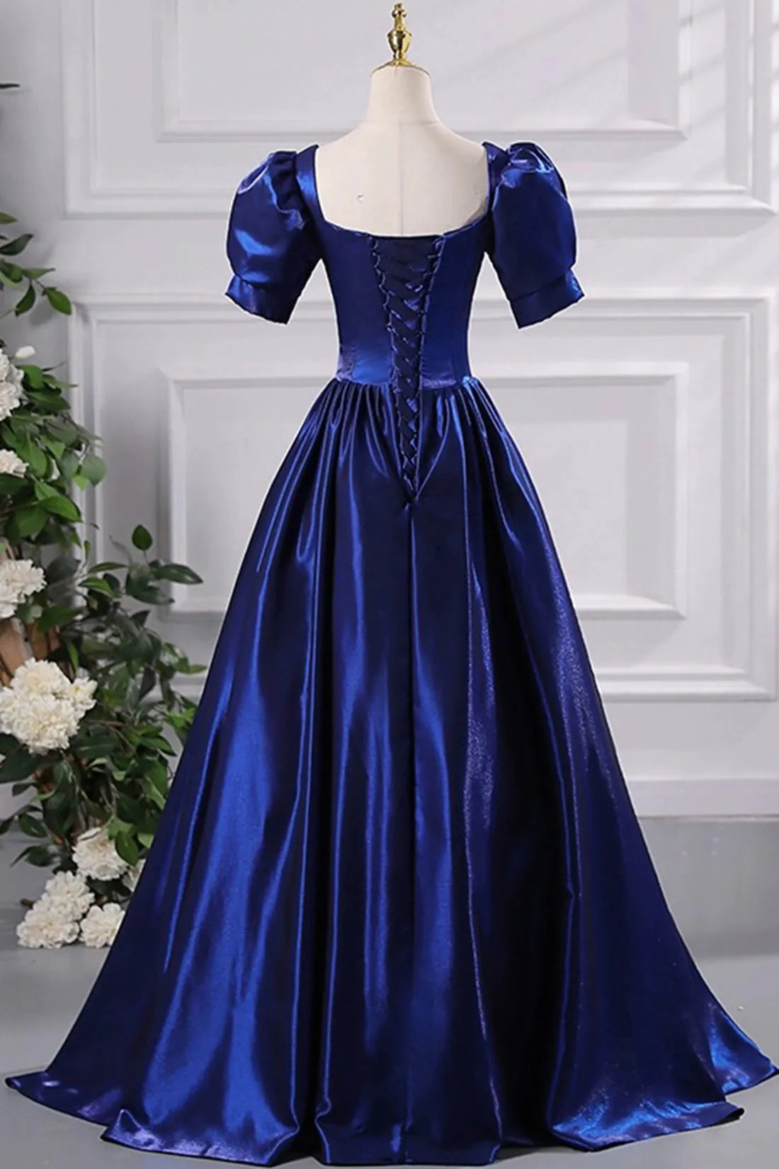 Blue Satin Floor Length Prom Dress A-Line Short Sleeve Backless Evening Party Dress