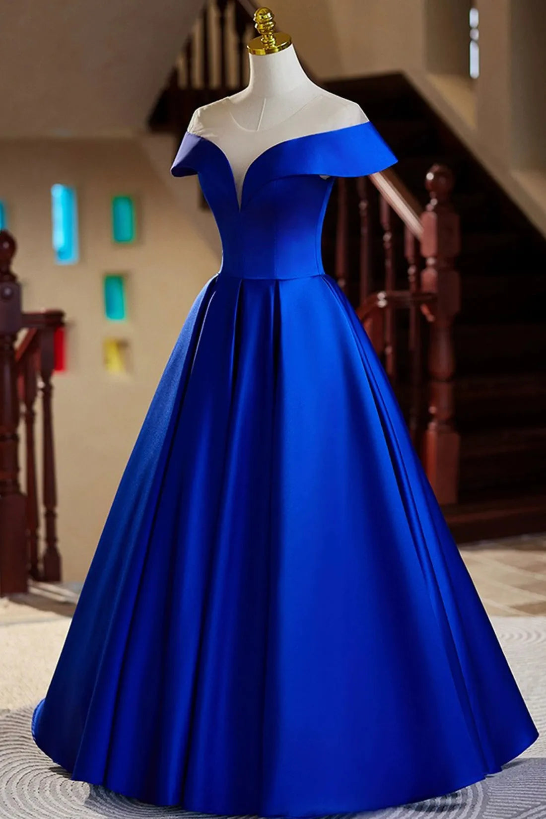 Blue Satin Floor Length Prom Dress Elegant A-Line Evening Party Dress