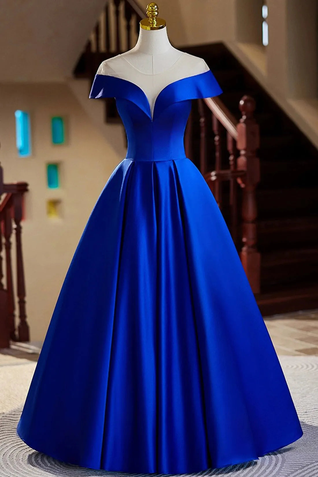 Blue Satin Floor Length Prom Dress Elegant A-Line Evening Party Dress