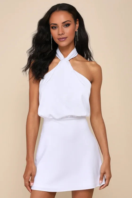 Blue Satin Halter Sleeveless Party Dresses