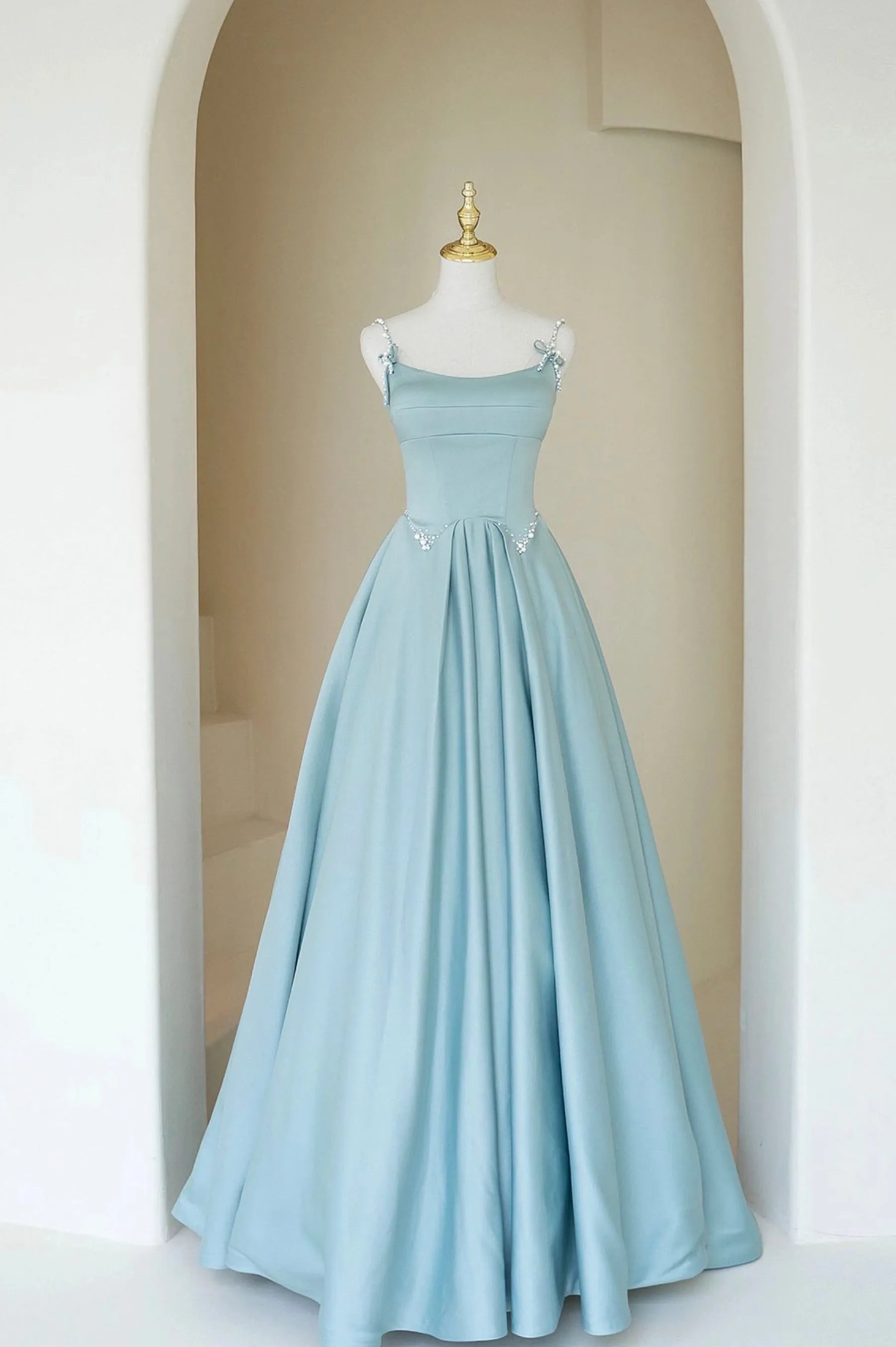 Blue Satin Long A-Line Prom Dress Beautiful Spaghetti Straps Evening Dress