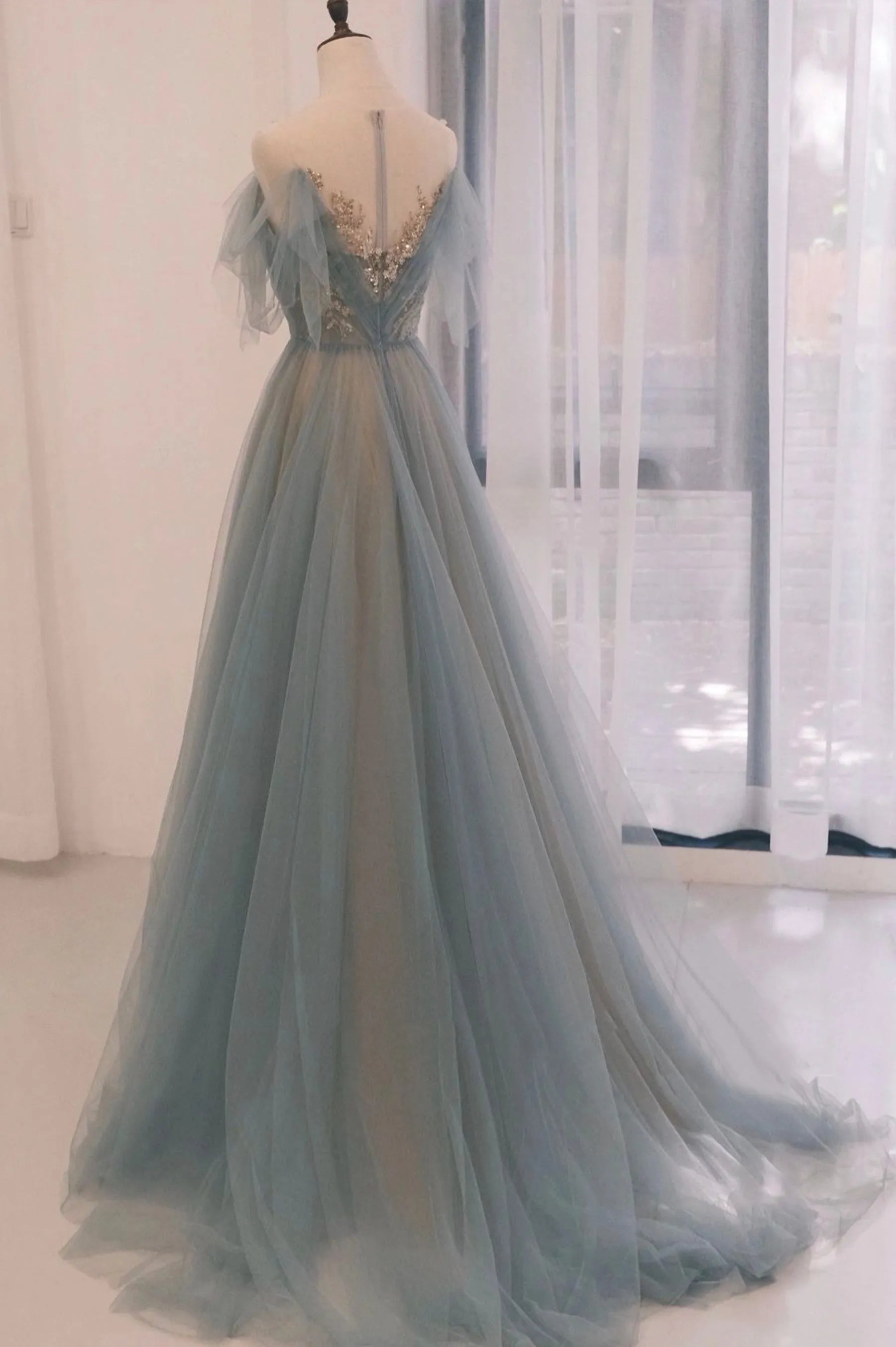 Blue Tulle Sequins Long Prom Dress  A-Line Scoop Neckline Party Dress