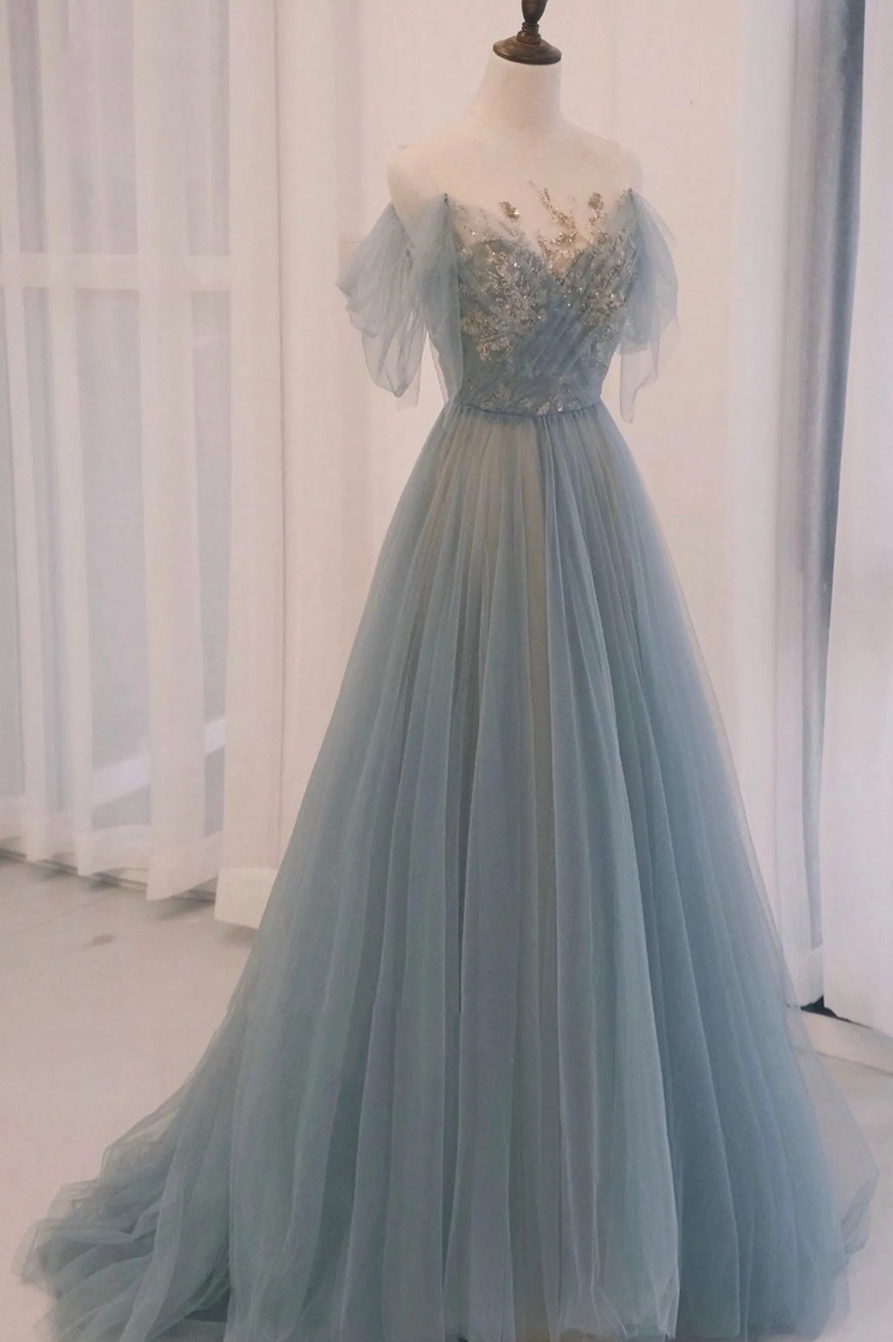 Blue Tulle Sequins Long Prom Dress  A-Line Scoop Neckline Party Dress
