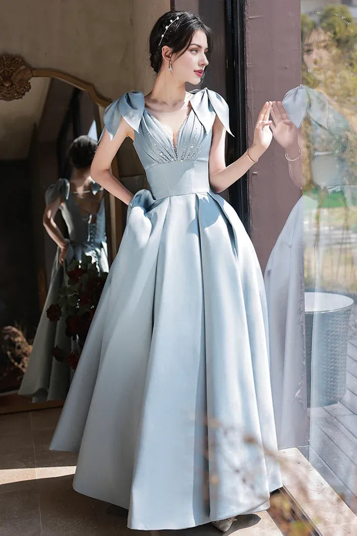 Blue Satin Long A-Line Prom Dress Lovely Blue Graduation Dress with Bow