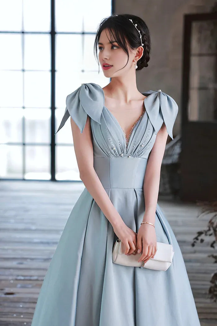 Blue Satin Long A-Line Prom Dress Lovely Blue Graduation Dress with Bow