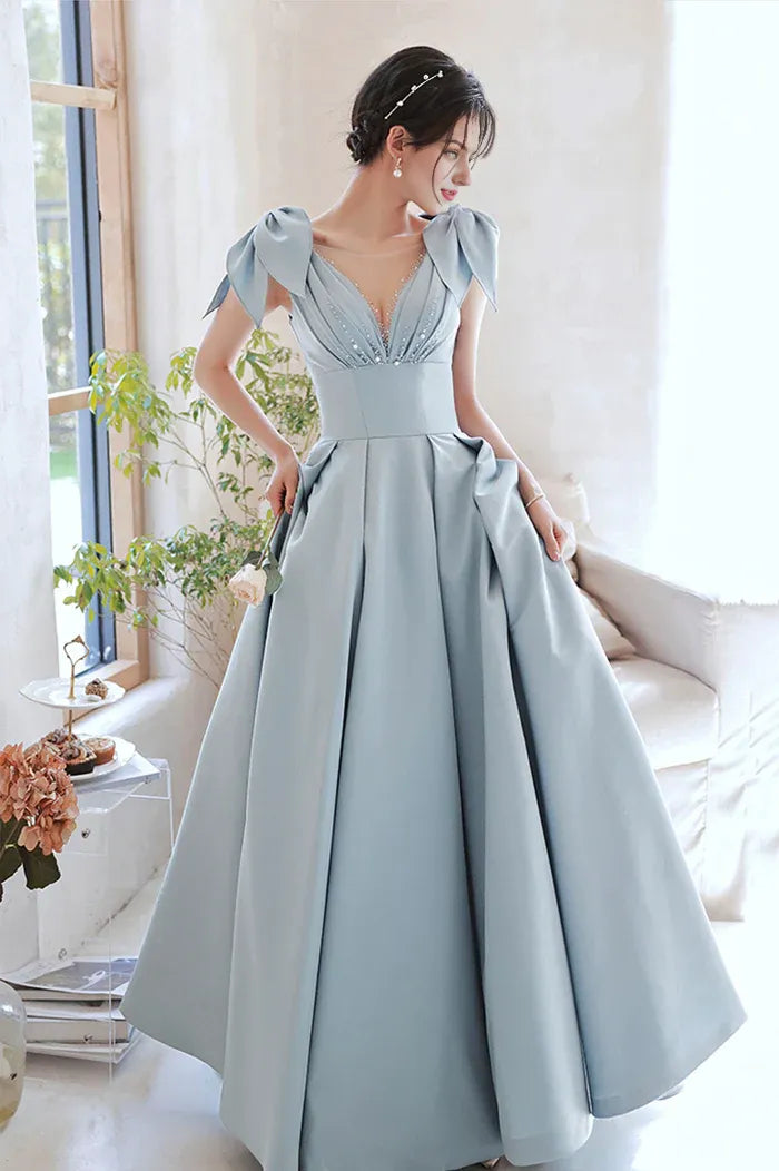 Blue Satin Long A-Line Prom Dress Lovely Blue Graduation Dress with Bow