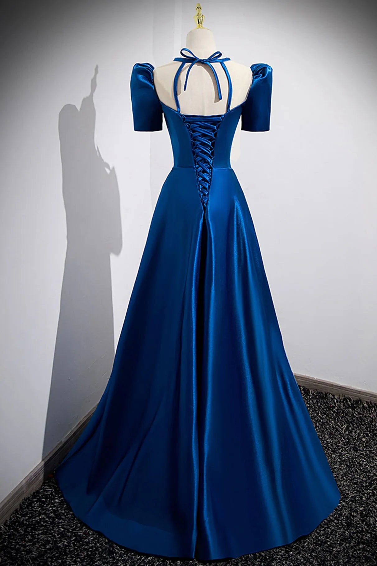Blue Satin Long A-Line Prom Dress Simple Short Sleeve Evening Dress ﻿