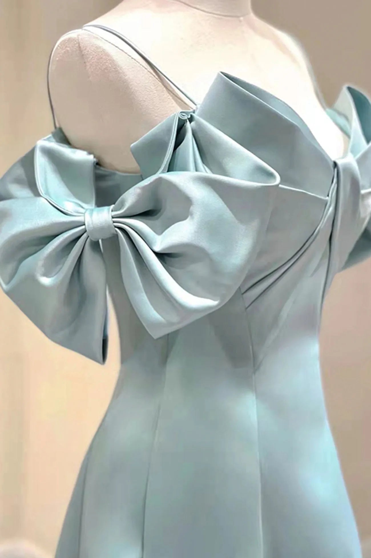 Blue Satin Long A-Line Prom Dress Unique Spaghetti Straps Evening Dress