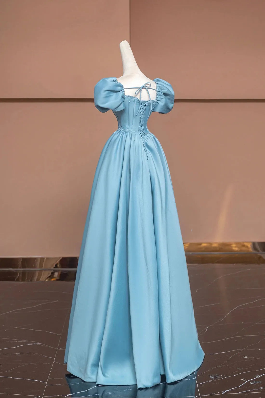 Blue Satin Long A-Line Prom Dress with Pearls Cute Short Sleeve Evening Dress