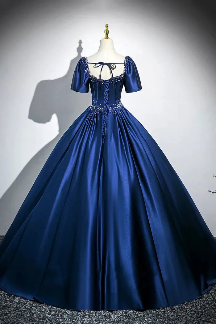 Blue Satin Long A-Line Prom Dress with Pearls Elegant Short Sleeve Evening Party Dress