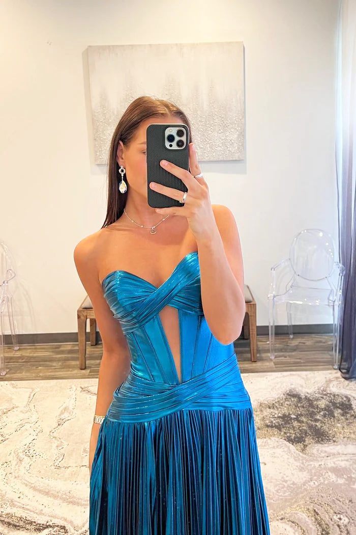 Blue Satin Long Floor Length Prom Dress A-Line Blue Strapless Evening Dress Formal Dress