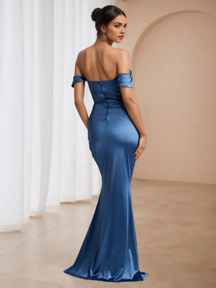 Blue Satin Prom Dress Off Shoulder Ruched Bodice Effortless Parisian Chic for Formal Dances