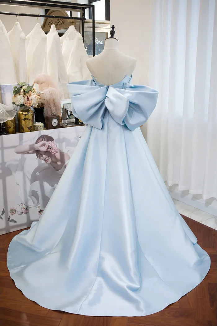 Blue Satin Spaghetti Strap Long Prom Dress with Big Bow Blue A-Line Evening Party Dress