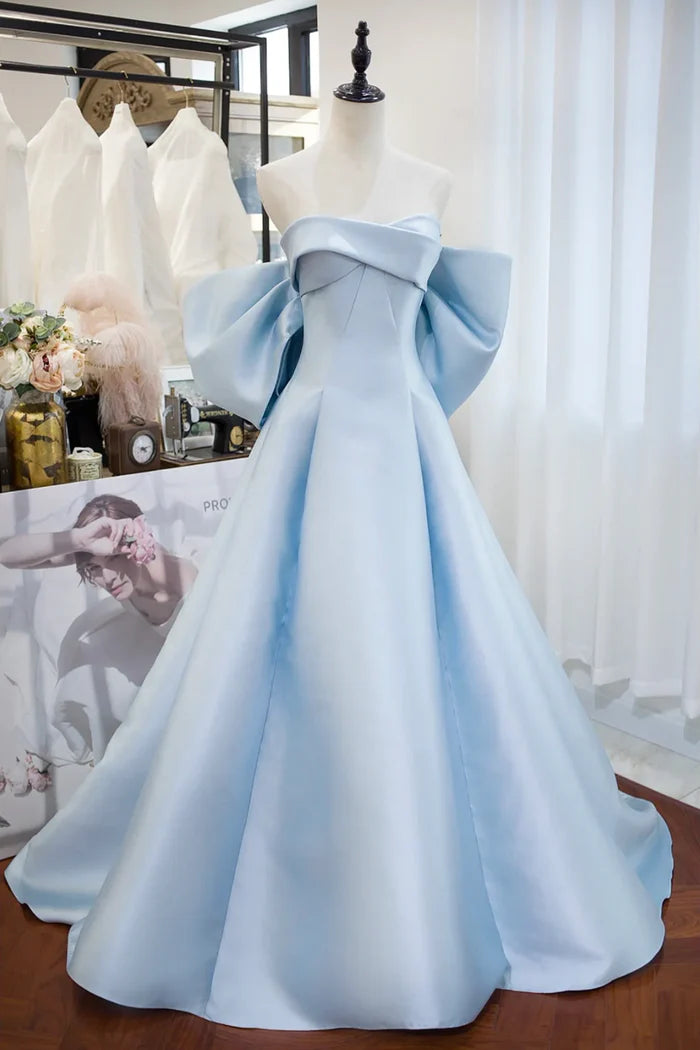 Blue Satin Spaghetti Strap Long Prom Dress with Big Bow Blue A-Line Evening Party Dress